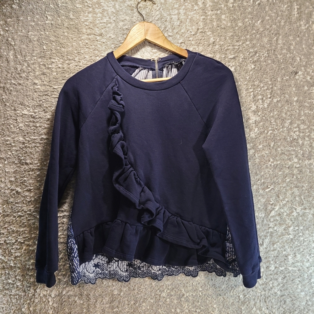 English Factory Women’s Sweater Top Ruffe Back Eyelet Details Small Cotton